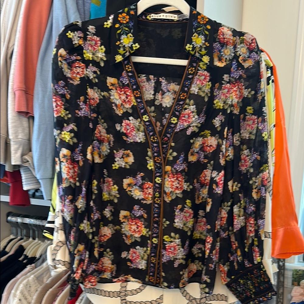Alice + Olivia Black Floral Blouse with Colorful Embellishments